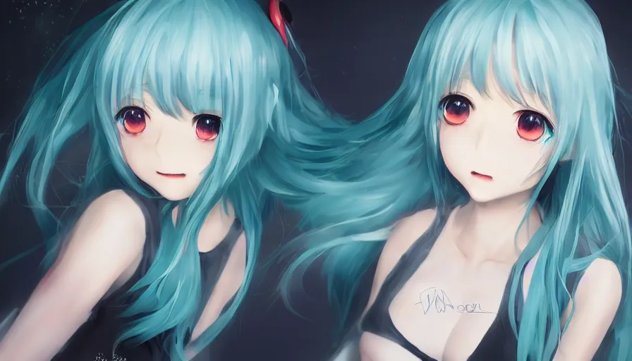 Image similar to cute anime girl by wlop, detailed eyes, heterochromia, bright eyes, full body shot, happy expression, short minidress, light clothing, light rain, hyper real, detailed digital art, hatsune miku, photorealistic