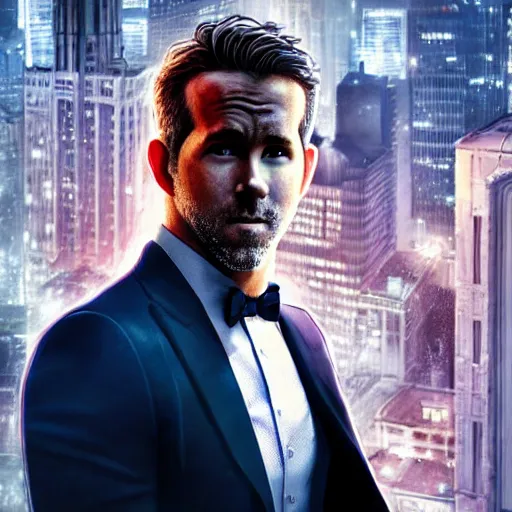 Image similar to ryan reynolds as spider - man, wearing a black and blue suit, cinematic, volumetric lighting, f 8 aperture, cinematic eastman 5 3 8 4 film, photorealistic by greg rutkowski, by stanley artgerm, by alphonse mucha