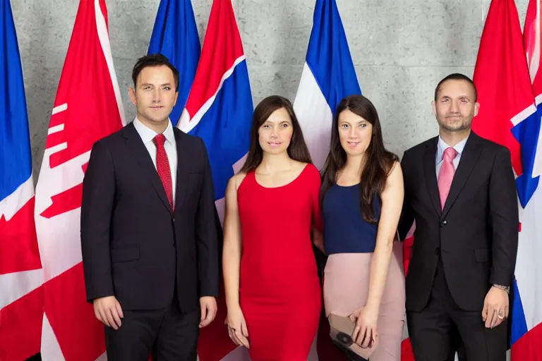 Image similar to full body portrait of a 3 5 year old man standing with his arms around his two girlfriends, one on either side, infront of a line of canadian flags. everyone is wearing formal business attire. atmosphere is serious, dignified, traditional. official government portrait. oil painting, very realistic, 2 1 st century