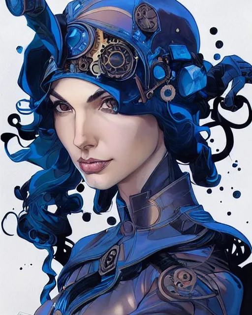 Prompt: in the style of joshua middleton, artgerm, beautiful gal gadot, steampunk, full body, blue dress, elegant pose, middle shot, spooky, symmetrical face, symmetrical eyes, detailed realisitc eyes, detailed realistic eyes, detailed and intricate