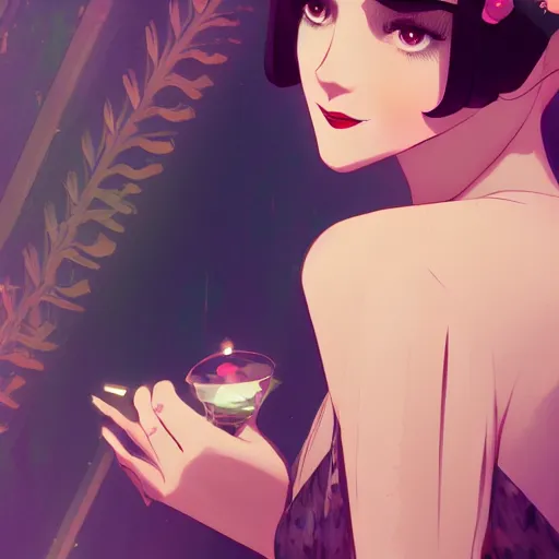 Image similar to a beautiful woman in 1920\'s flapper style fashion, speakeasy bar background, 4k, anime key visual, lois van baarle, ilya kuvshinov, rossdraws, artstation