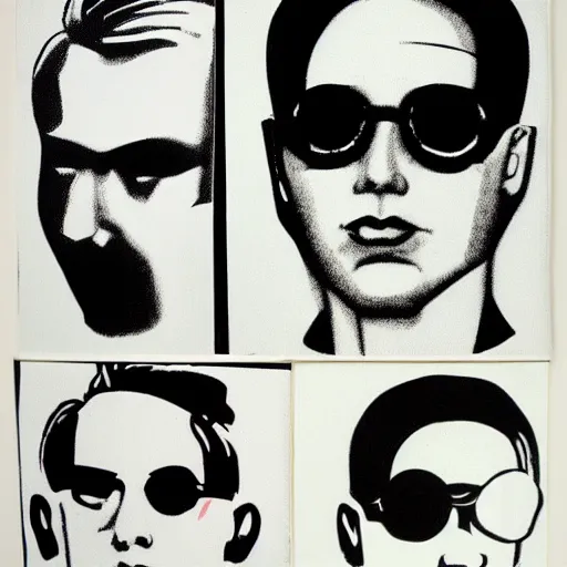 Image similar to silkscreen and lithography to create pictures of cyborgs in the style of andy warhol