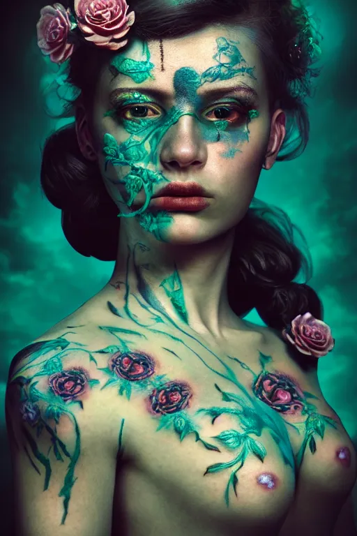 Image similar to neo-surrealist hyper detailed close-up portrait of woman covered in rococo flower tattoos matte painting concept art key sage very dramatic dark teal lighting low angle hd 35mm shallow depth of field 8k