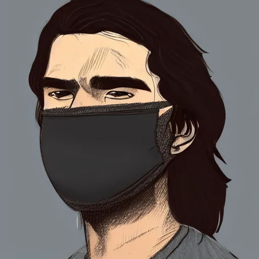 Image similar to professional pencil sketch of a young adult man with slightly long hair wearing a black face mask and an oversized dark sweatshirt and dark sweatpants, high quality, HD, 8K, highly detailed, award-winning