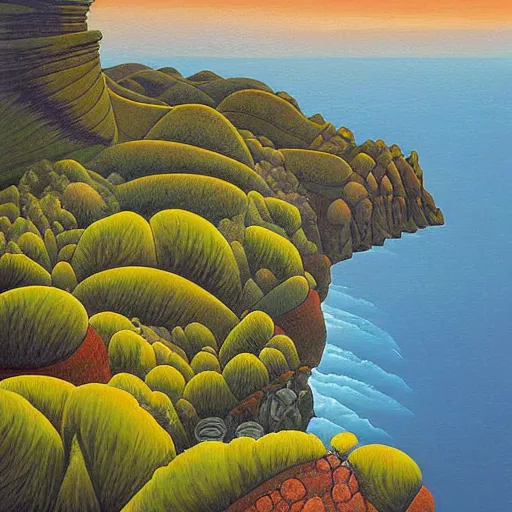 Prompt: painting of a lush natural scene on an alien planet by jeffrey smith. beautiful landscape. weird vegetation. cliffs and water.