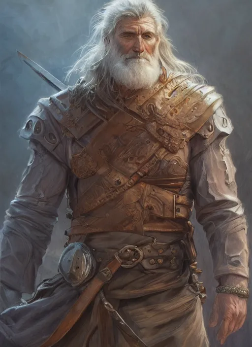 Image similar to portrait of a ruggedly handsome cleric, soft hair, muscular, half body, leather, hairy, d & d, fantasy, intricate, elegant, highly detailed, digital painting, artstation, concept art, smooth, sharp focus, illustration, art by artgerm and greg rutkowski and alphonse mucha