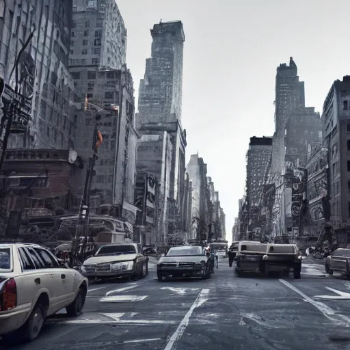 Image similar to post - apocalyptic new york city, cinematic, wide shot, movie screenshot