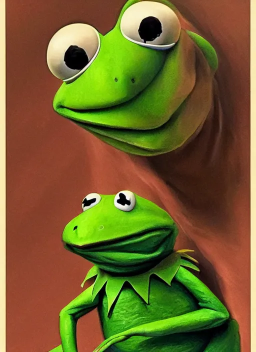 Image similar to portrait of kermit the frog in existenz ( 1 9 9 9 ), highly detailed, centered, solid color background, digital painting, artstation, concept art, smooth, sharp focus, illustration, artgerm, donato giancola, joseph christian leyendecker, les edwards, ed repka, wlop, artgerm
