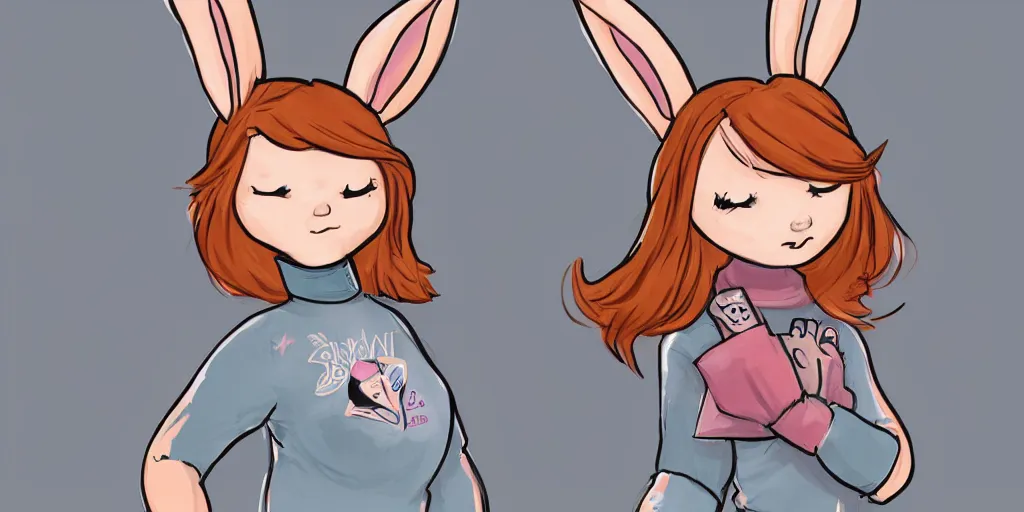 Prompt: women, ginger, cartoon, sweatshirt, concept art, concept art, bunny ears,