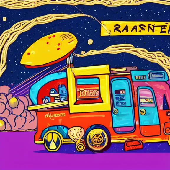 Image similar to a ramen foodcart on an asteroid at the end of the universe, aliens sitting on stools eating, cosmic and colorful, deep colors and bold strokes, digital drawing