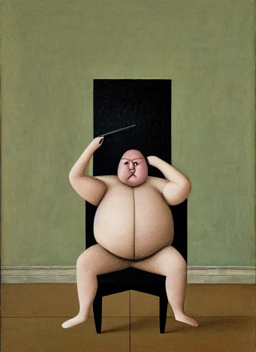 Image similar to fat man sitting on chair, sweat, fat, frustrated, art by gertrude abercrombie