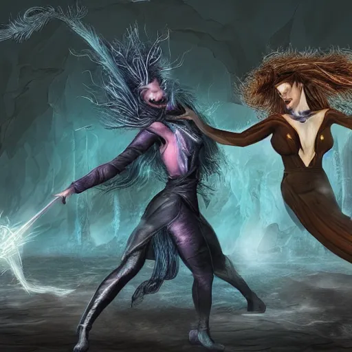 Prompt: two identical beautiful sorceresses battling, detailed digital art, full of detail, realistic lighting