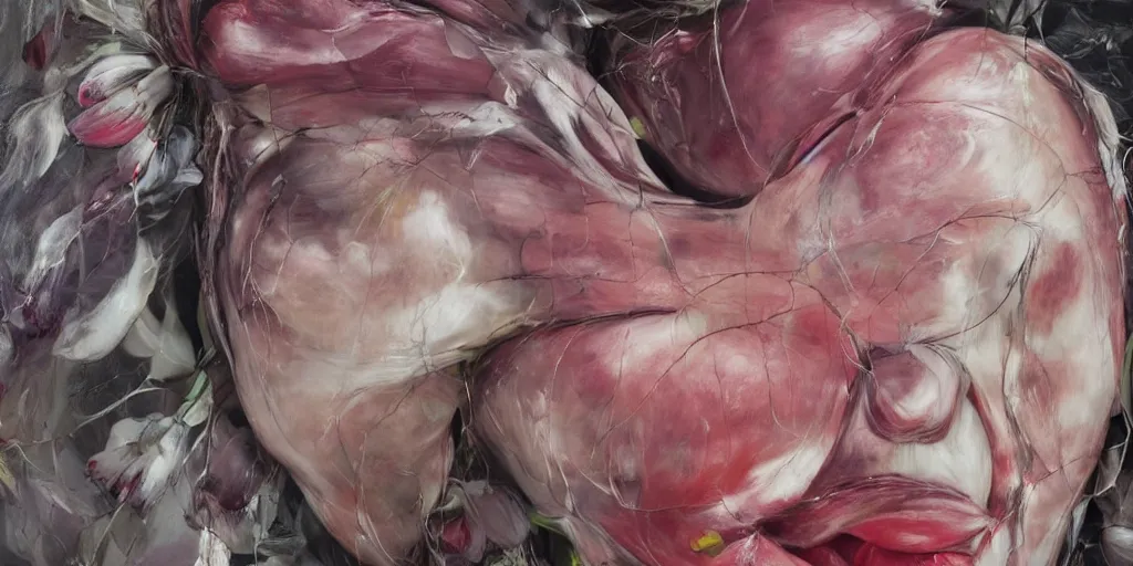 Prompt: a real heart with flowers, inside a screen. Glitchy. By jenny saville