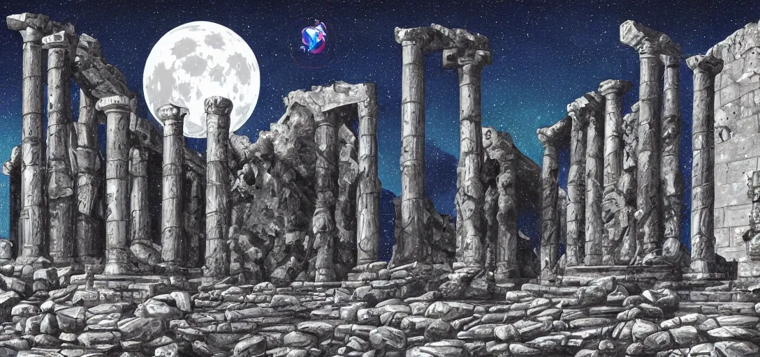 Image similar to The fall of the Silver Millennium from Sailor Moon, digital painting, Greek-esque columns and ruins on the moon