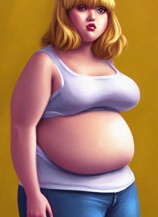 Image similar to full body portrait, teenage betty cooper, blonde hair, obese, bangs, ponytail, sultry, realistic, sultry smirk, fluffy bangs, curly bangs, fat, belly, beautiful girl, intricate, elegant, highly detailed, digital painting, artstation, concept art, smooth, sharp focus, illustration, art by wlop, mars ravelo and greg rutkowski