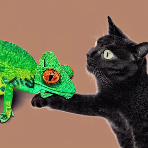 Prompt: photo of a cat and chameleon best friends