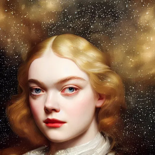 Image similar to leyendecker and peter paul rubens, head and shoulders portrait of a elle fanning, nighttime, starry sky reflection on water, unreal engine, fantasy art by global illumination, radiant light, detailed and intricate environment