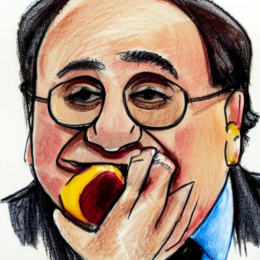 Image similar to courtroom sketch of danny devito eating a peach, high quality, high resolution