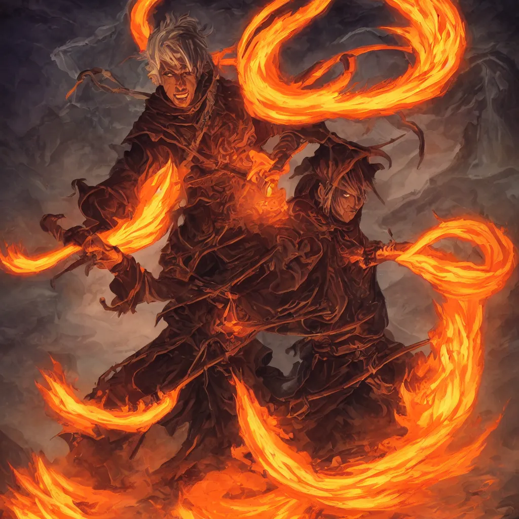 Image similar to dungeons and dragons official art, portrait of a male fire genasi wizard with pitch black skin, bright orange hair, glowing orange eyes, wearing black wizard robes, and holding a wooden staff, smoky barren landscape on the background, official print, character art