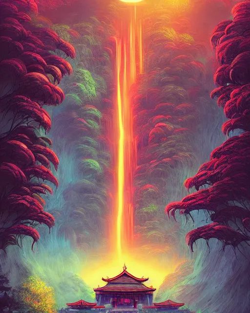 Prompt: ancient alien waterfall temple with flying demons, chris mars, alena aenami, dan mumford