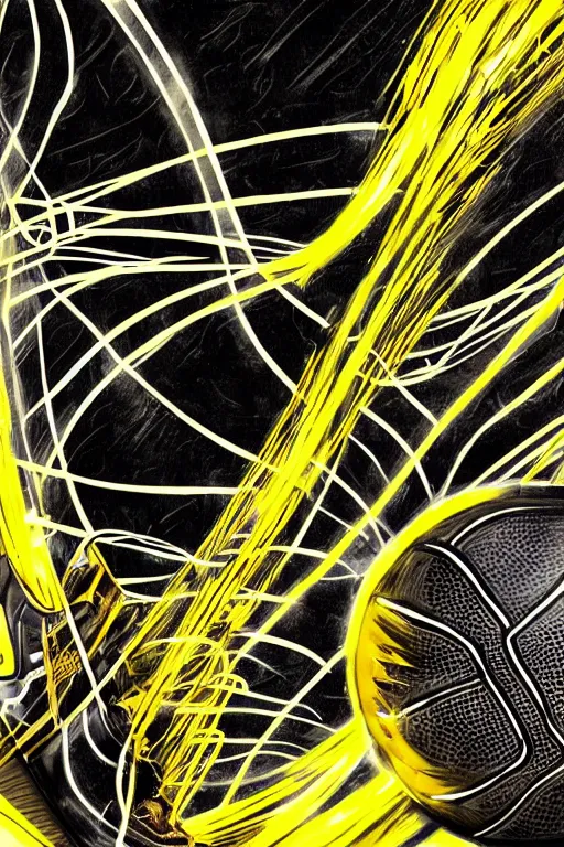 Image similar to glowing black basketball sneaker, wth short golden lines, yellow details, symmetrical, highly detailed, digital art, sharp focus, trending on art station, samurai, electricity superpowers, anime art style