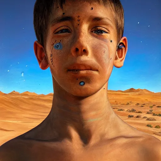 Image similar to a detailed portrait of a boy with a face tattoo in the desert, fantasy art illustration, incredibly highly detailed and realistic, 8 k, sharp focus