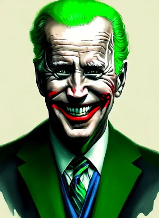 Image similar to portrait of joe biden as the joker, green hair, intricate, elegant, glowing lights, highly detailed, digital painting, artstation, concept art, sharp focus, illustration, art by wlop, mars ravelo and greg rutkowski