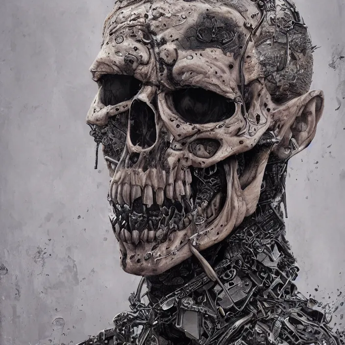 Image similar to portrait of Tom Hardy as a skeleton. intricate abstract. intricate artwork. nightmare fuel. by Tooth Wu, wlop, beeple, dan mumford. octane render, trending on artstation, greg rutkowski very coherent symmetrical artwork. cinematic, hyper realism, high detail, octane render, 8k, iridescent accents