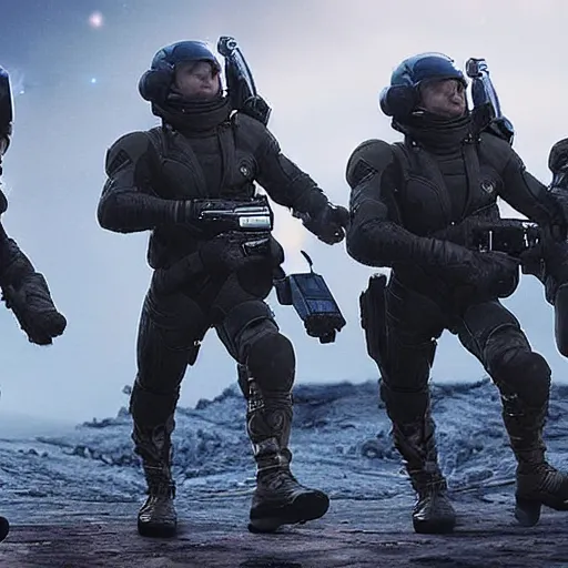 Image similar to wide angle action shot of enhanced super soldiers with jet packs flying over craters and trenches, highly detailed, highly textured, atmospheric, night, explosions futuristic, from the movie Dune (2021)