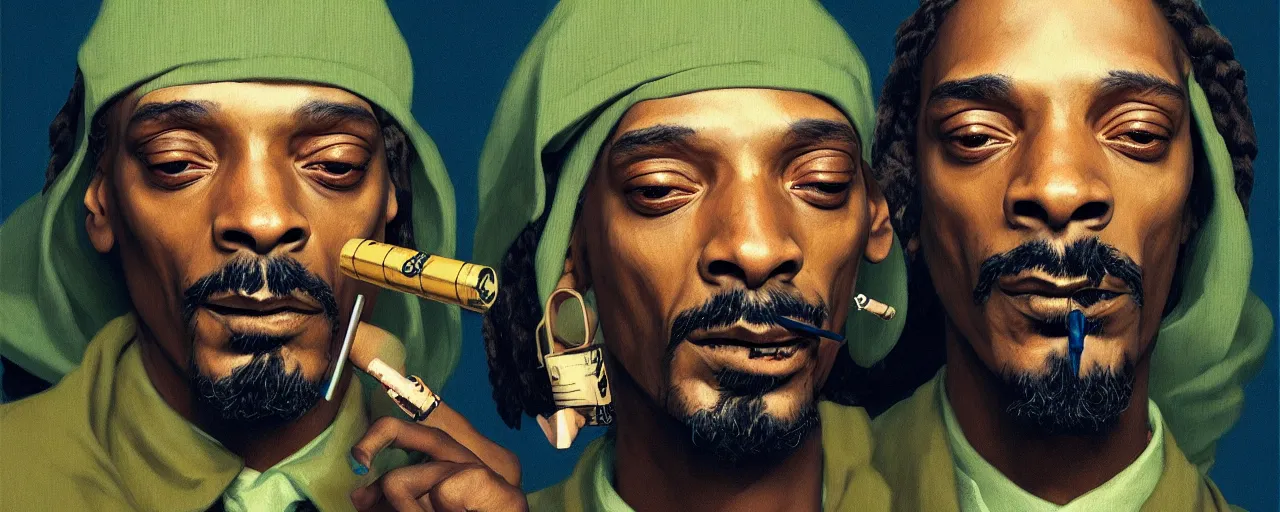 Image similar to duotone olive illustration 3 / 4 portrait of snoop dogg smoking joints with gandalf composition accidental renaissance golden ratio. by sachin teng and sergey kolesov and ruan jia and heng z. graffiti art, scifi, fantasy, hyper detailed. octane render. concept art. trending on artstation