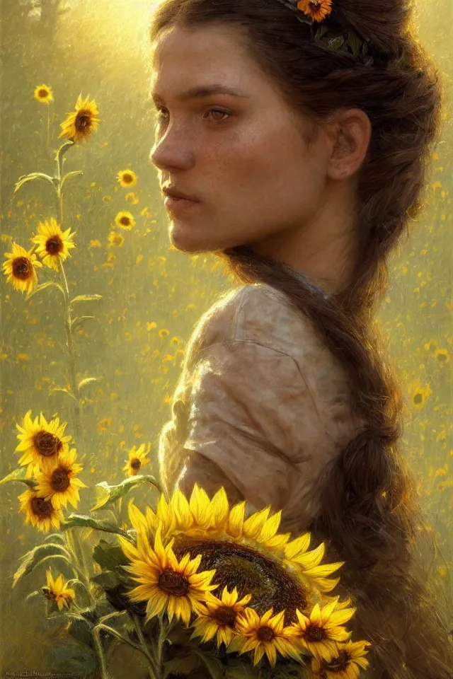 Image similar to close face portrait of a female ukraine soldier with a sunflower in her hair, summer season, moody scene, highly detailed, intricate, sharp details, summer vibe, gorgeous scene by gaston bussiere, craig mullins, somber lighting, drawn by giacomo burattini, inspired by graphic novel cover art, hyperrealistic, 8 k by rhads