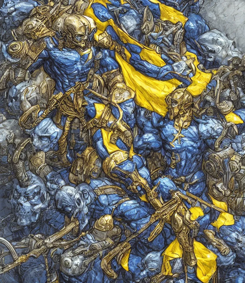 Image similar to a distant shot of one!!!!! single super soldier with blue and yellow flag and a trident symbol standing alone on a huge pile of skulls as a winner, masculine figure, D&D, fantasy, intricate, elegant, highly detailed, extremely detailed, digital painting, artstation, concept art, matte, smooth, sharp focus, illustration, art by Artgerm and Greg Rutkowski and Alphonse Mucha