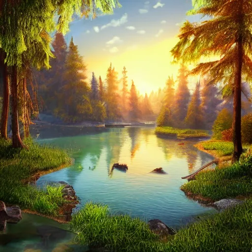 Image similar to looking at a very detailed, highly rendered, as photorealistic as possible, lively, warm, wonderful, friendly lake in the middle of a very vegetated forest in a fantasy world, during a colorful sunraise