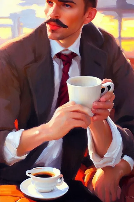 Image similar to attractive man drinking coffee, sunset, painting by vladimir volegov, j. c. leyendecker, tom of finland, trending on artstation