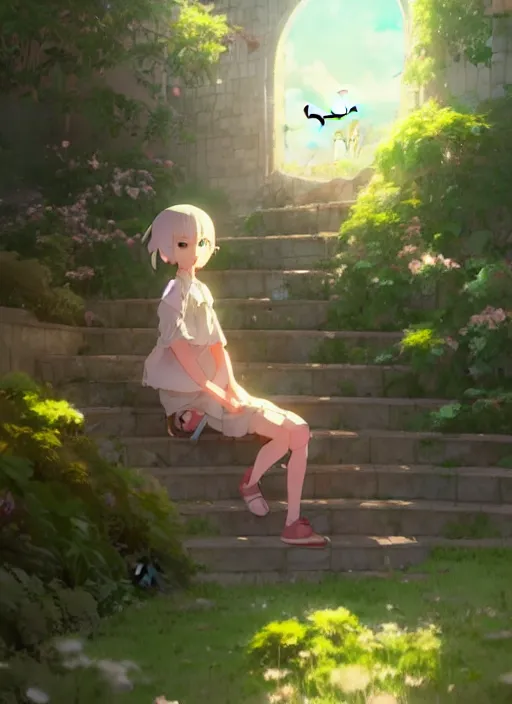 Image similar to girl sitting on a stair where there is an arched shed above, many green plant and flower gowing on it, illustration concept art anime key visual trending pixiv fanbox by wlop and greg rutkowski and makoto shinkai and studio ghibli