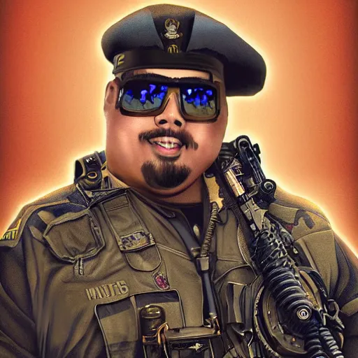 Image similar to Gabriel Iglesias as a navy SEAL, high resolution fantasy concept art, intricate details, soft lighting