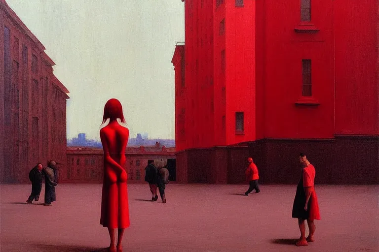 Image similar to only with red, crowd delirious at the sight of a painting, in a city square, in the style of beksinski, parts by edward hopper, parts by rodcenko, parts by yue minjun, intricate and epic composition, red by caravaggio, insanely quality, highly detailed, masterpiece, red light, artstation, 4 k