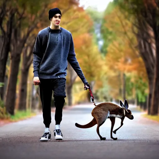 Image similar to Pete Davidson walking a kangaroo, 4k, photorealistic,