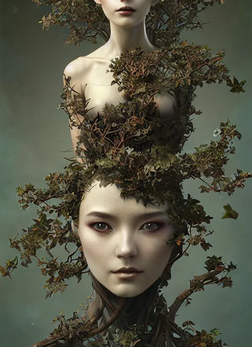 Image similar to portrait of a futuristic geisha cyborg overgrown with ivy, modern fine art, fractal, intricate, elegant, highly detailed, digital photography, subsurface scattering, by jheronimus bosch and greg rutkowski,