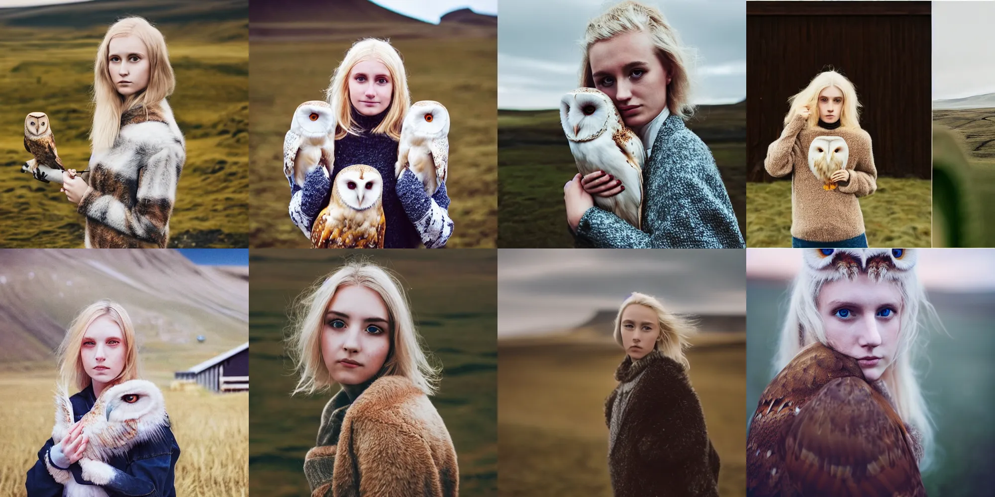 Prompt: medium shot portrait photograph. petzval lens. extremely pretty!!! young blonde female with symmetric face. with a very detailed barn owl!!!!! on her shoulder. in iceland. out of focus background. fashion portrait by alesio albi and tyler mitchel