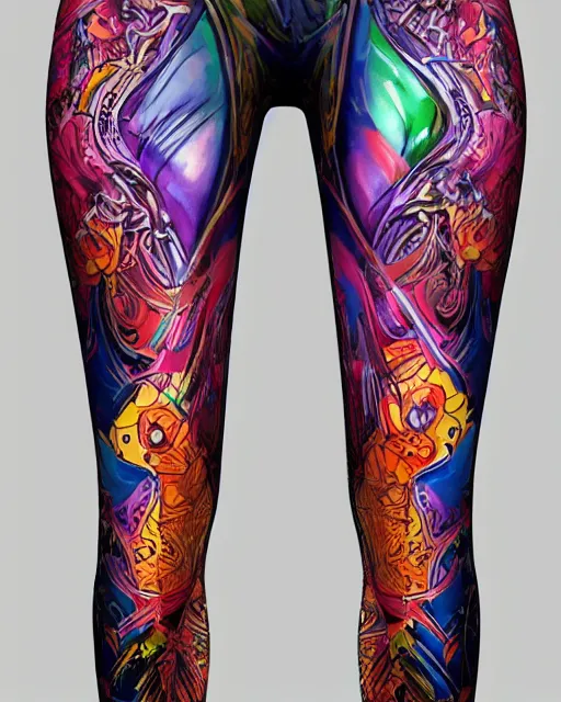 Prompt: Perfect leggings pattern imitating tattoos, focus on colorful pants, completely frontal and 100 percent symmetrical close-up on legs, highly detailed, digital painting, artstation, concept art, smooth, sharp focus, illustration, art by Artgerm and Hajime Sorayama