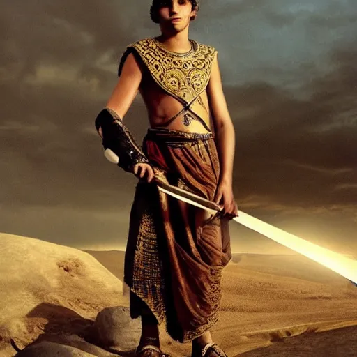 Prompt: handsome 17 year old middle-eastern skinned boy in a Biblical outfit holding a wooden slingshot. Giant Goliath standing with a sword. Epic, cinematic lighting, directed by Ridley Scott