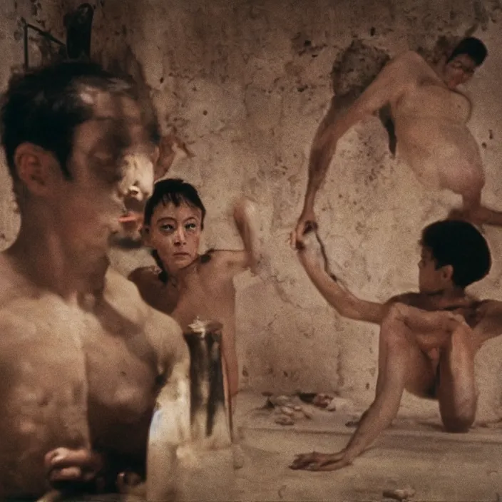 Image similar to a sensual scene from a feature film by won kar - wai, alejandro jodorowsky and roger ballen : : exquisite lighting setup : : anamorphic lens, kodakchrome : : 8 k