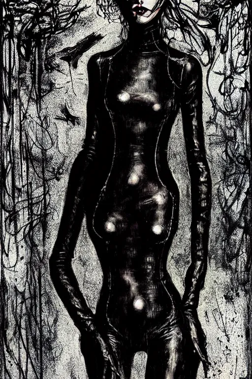 Prompt: dreamy gothic girl, wet black leather slim suit, beautiful woman body, detailed acrylic, grunge, intricate complexity, by dan mumford and by alberto giacometti, peter lindbergh