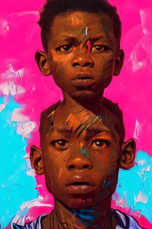 Image similar to portrait of a stylized african young angry boy painted in acrylic, pigment, in the colors hot pink and cyan, beautiful realistic face, rule of thirds, spotlight, by greg rutkowski, by jeremy mann, by francoise nielly, by van gogh, by ross tran, in focus