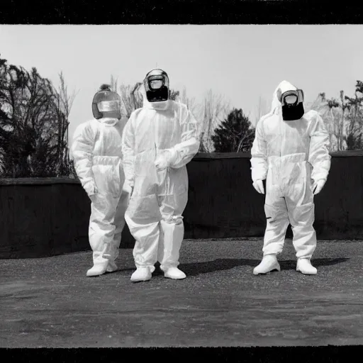 Prompt: a group of men wearing hazmat suits, holding ice cream cones, sunny day, arriflex 35
