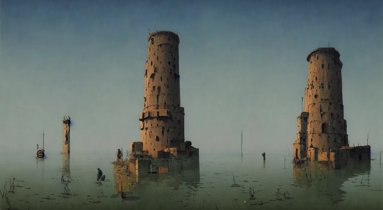 Prompt: a high contrast! painting of a minimalist flooded ancient salt tower by rene magritte simon stalenhag carl spitzweg jim burns, full-length view, vibrant colors, extremely high contrast!, symmetry, great composition, high detail, cinematic lighting, award winning masterpiece, trending on artstation