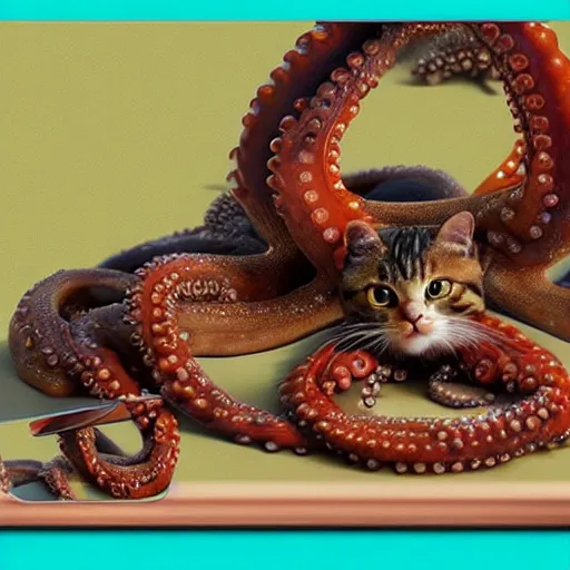 Image similar to octopus and cats taking a selfie together, photorealistic