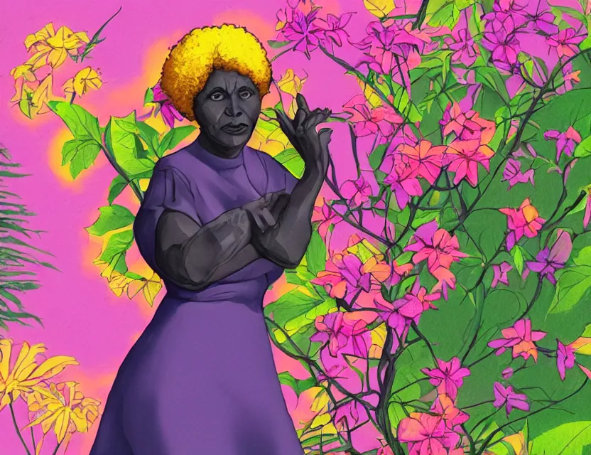 Prompt: black granny in vaporwave courtyard garden. complementary colors, gouache, indie concept art, bloom, chiaroscuro, backlighting, intricate details.