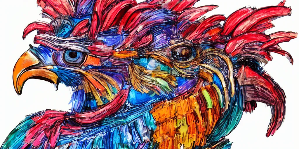 Image similar to colorful illustration of a fully armored mechanical rooster, diselpunk, mix of styles, vivid colors